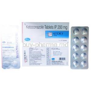 Ketofly, Ketoconazole 200mg box and blister pack front and back view
