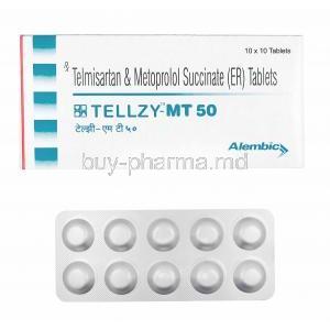 Tellzy-MT, Telmisartan and Metoprolol Succinate 50mg box and tablets