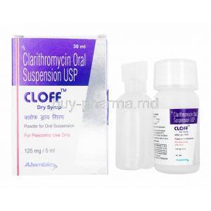 Cloff Dry Syrup, Clarithromycin 125mg box and bottle