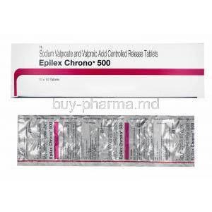 Epilex Chrono, Sodium Valproate and Valproic Acid 500mg box and tablets