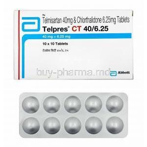 Telpres CT, Telmisartan 40mg and Chlorthalidone 6.25mg box and tablets