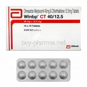 Winbp CT, Olmesartan 40mg and Chlorthalidone 12.5mg box and tablets