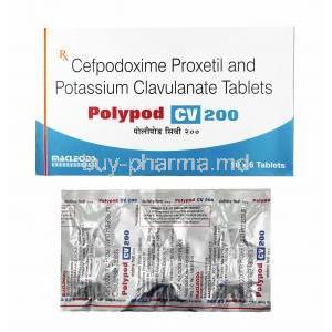 Polypod CV, Cefpodoxime and Clavulanic Acid 200mg box and tablets