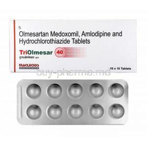 TriOlmesar, Olmesartan, Amlodipine and Hydrochlorothiazide 40mg box and tablets