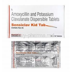 Sensiclav Kid, Amoxicillin and Clavulanic Acid box and tablets