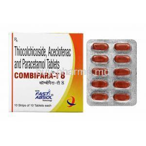 Combipara-T, Thiocolchicoside, Aceclofenac and Paracetamol 8mg box and tablets