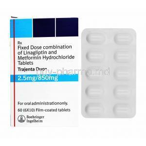 Trajenta DUO,  Linagliptin and Metformin 850mg box and tablets