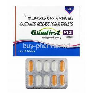 Glimfirst M, Glimepiride 2mg and Metformin box and tablets