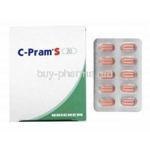 C-Pram S, Escitalopram 20mg box and tablets