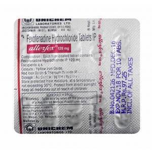 Allerfex, Fexofenadine 120mg tablets back