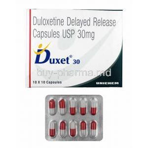 Duxet DR, Duloxetine 30mg box and capsules