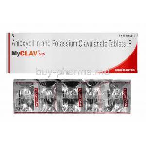 Myclav, Amoxycillin and Clavulanic Acid 625mg box and tablets