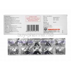 Myclav, Amoxycillin and Clavulanic Acid 625mg manufacturer and tablets back