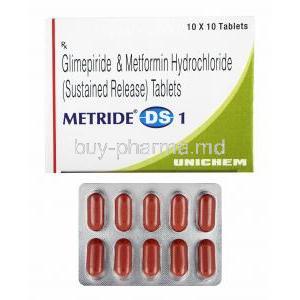 Metride DS, Glimepiride 1mg and Metformin box and tablets