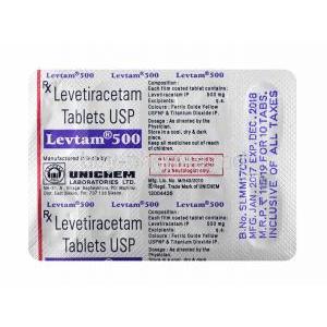 Levtam, Levetiracetam 500mg tablets back