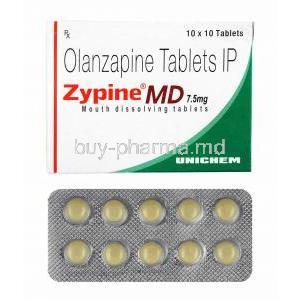 Zypine MD, Olanzapine 7.5mg box and tablets