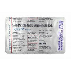 Joydol-SP, Aceclofenac, Paracetamol and Serratiopeptidase tablets back