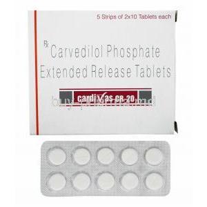 Cardivas CR, Carvedilol 20mg box and tablets