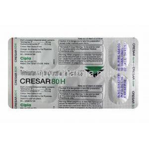 Cresar H, Telmisartan 80mg and Hydrochlorothiazide 12.5mg tablets back
