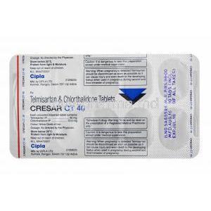 Cresar CT, Telmisartan 40mg and Chlorthalidone 12.5mg tablets back