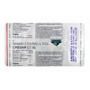 Cresar CT, Telmisartan 80mg and Chlorthalidone 12.5mg tablets back