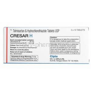 Cresar H, Telmisartan 40mg and Hydrochlorothiazide 12.5mg composition