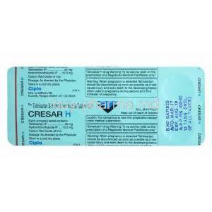 Cresar H, Telmisartan 40mg and Hydrochlorothiazide 12.5mg tablets back
