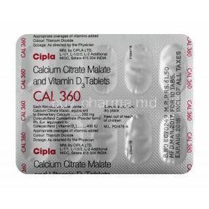 Cal 360, Calcium and Colecalciferol tablets back