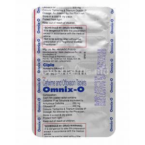 Omnix-O, Cefixime and Ofloxacin tablets back