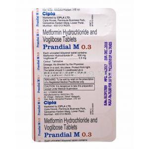 Prandial M, Metformin 500mg and Voglibose 0.3mg tablets back