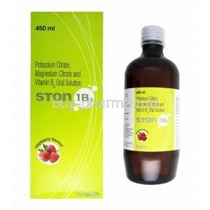 Ston 1 B6 Oral Solution 450ml, Potassium Citrate. Magnesium Citrate and Pyridoxine Hydrochloride box and bottle