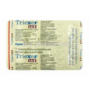 Triexer LS, Glimepiride 2mg, Metformin 500mg and Pioglitazone 7.5mg tablets back