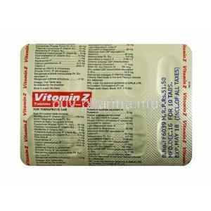 Vitomin Z, Multivitamins, Multimineral and Antioxidants tablet back