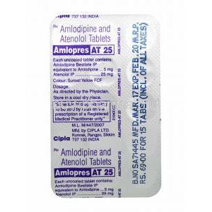 Amlopres-AT, Amlodipine 5mg and Atenolol 25mg tablets back