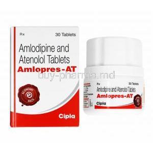 Amlopres-AT, Amlodipine 5mg and Atenolol 50mg box and 30 capsule bottle