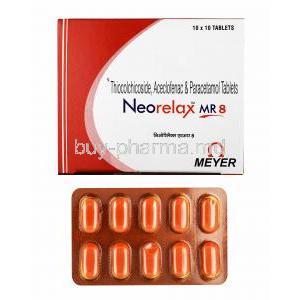 Neorelax MR, Thiocolchicoside 8mg, Aceclofenac 100mg and Paracetamol 325mg box and tablets