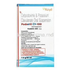 Podxetil CV,Cefpodoxime 100mg / Clavulanic Acid 31.25mg, Suspension 30ml, Box information