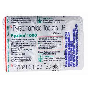 Pyzina 1000, Pyrazinamide Tablet, 1000mg, 10 tablets, blister pack back presentation with information on product