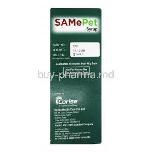 SAMePet Syrup, S-Adenosylmethionine, Silybin, 100ml, Box information, Mfg date, Manufacturer
