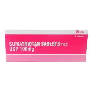 Sumatriptan Tablets USP 100mg, 1 x 6 tablets, Sava, box front presentation