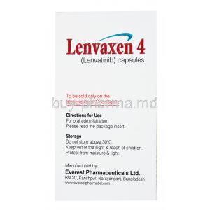 Lenvaxen, Lenvatinib 4mg 30 caps, Everest, box side presentation with directions for use and storage instructions