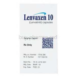 Lenvaxen, Lenvatinib 10mg 30 caps, Everest, box side presentation with information