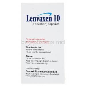 Lenvaxen, Lenvatinib 10mg 30 caps, Everest, box side presentation with information of directions for use and storage instructions