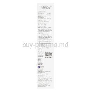 Hairjoy Solution, Minoxidil/ Aminexil, 5% 60ml, box side presentation with information