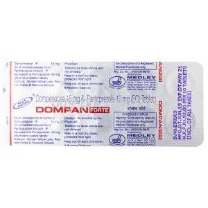 Dompan Forte, Domperidone 15mg/ Pantoprazole 40mg, blister pack back presentation with information