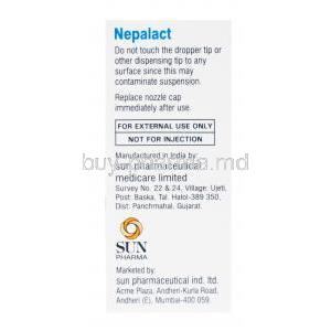 Nepalact Eye Drop, Nepafenac Ophthalmic suspension, 0.1% w/v sterile eye drops 5ml, box side presentation with product information