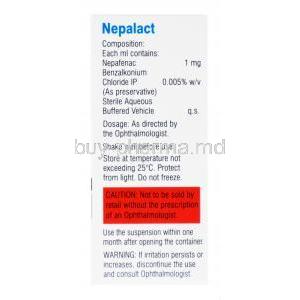 Nepalact Eye Drop, Nepafenac Ophthalmic suspension, 0.1% w/v sterile eye drops 5ml, box back presentation, with information on composition, dosage, storage, caution and warning label.