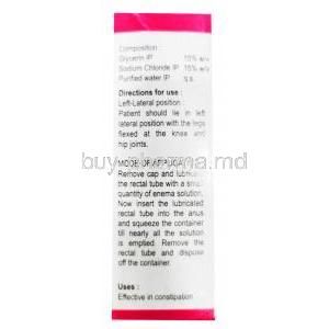 Neotomic Enema Liquid, Glycerin 15% w/v/ Sodium Chloride 15% w/v, box side presentation with composition and directions of use with mode of application