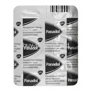 Panadol Extra, Paracetamol 500mg and Caffeine 65mg tablet back