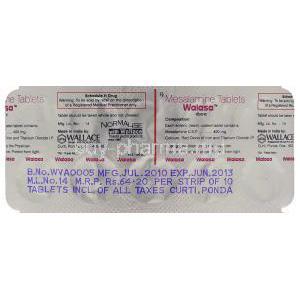 Walasa, Generic Asacol, Mesalazine 400 mg tablet packaging